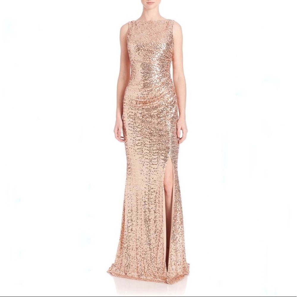 Floor Length Sequin Gown in Blush/Gold